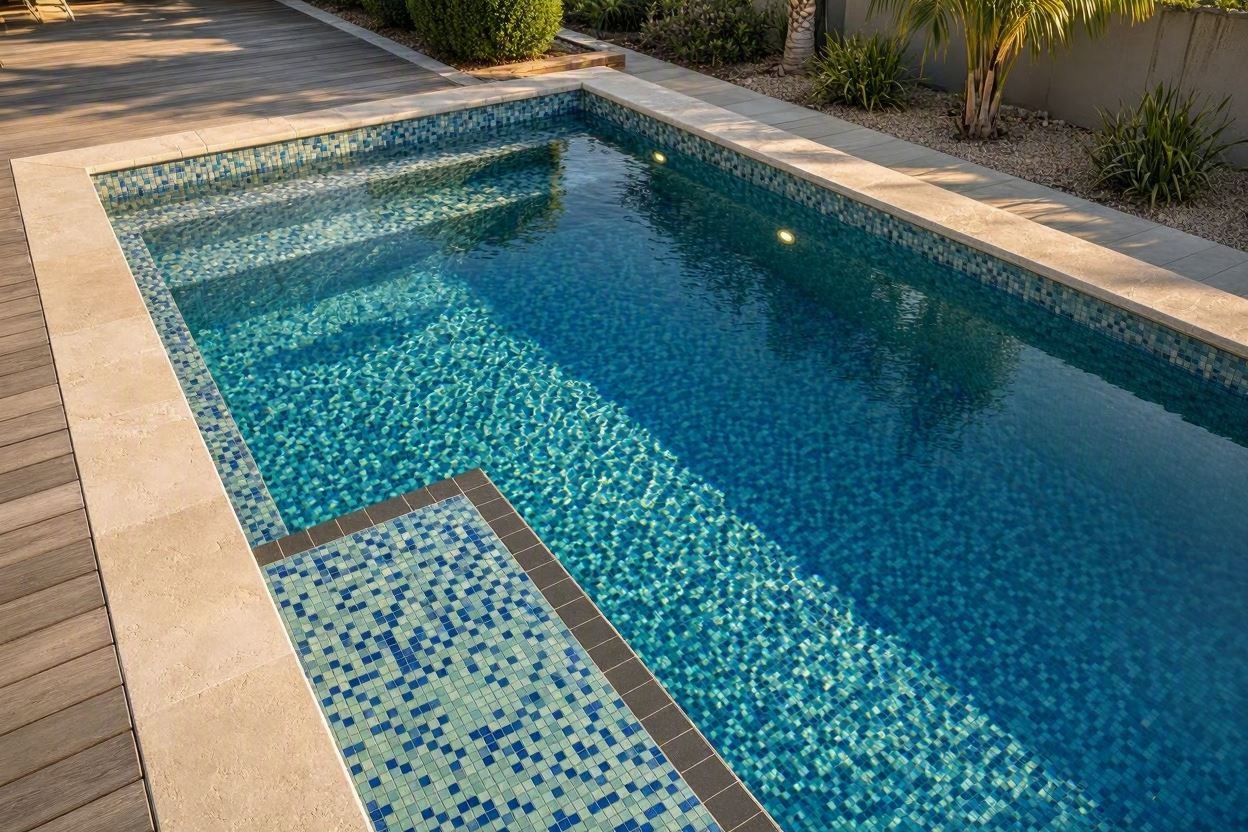 Custom in-ground pool with mosaic tile, sun shelf, and travertine coping