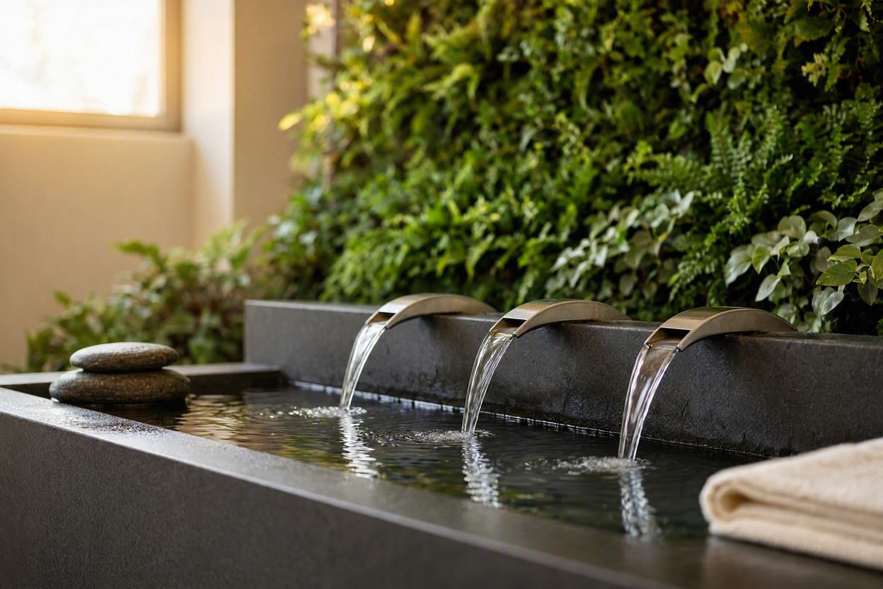 Stainless steel sheer descent water feature with a living green wall backdrop